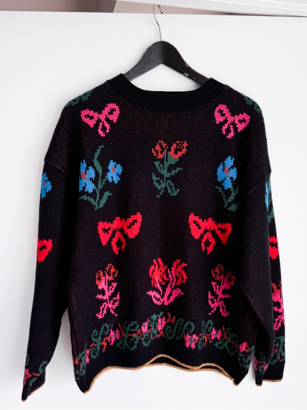 Vintage Hunt Club Floral Bow Knit Sweater Black Coquette Grandmacore Lurex Trim